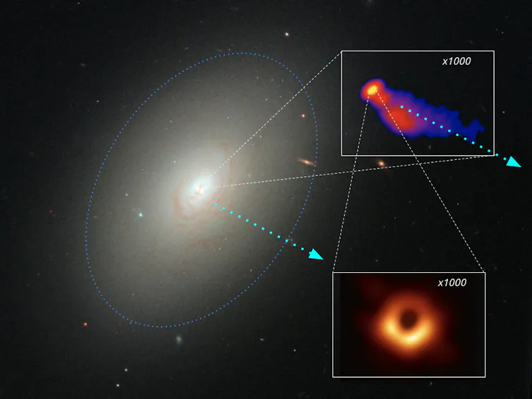 Image showing an elliptical galaxy with zoomed in sections of the black hole and jet at its centre.