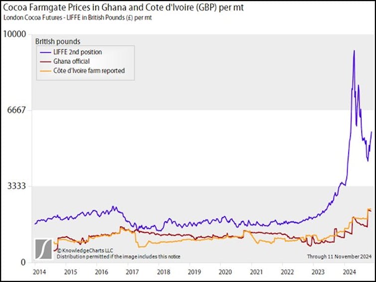 A chart showing the gap between the global benchmark cocoa price and the farmgate price received in Ghana and the Ivory Coast growing in 2023.