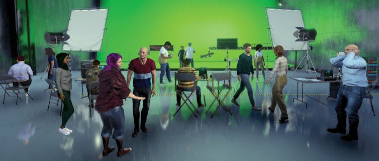 Video game still of characters on a film set