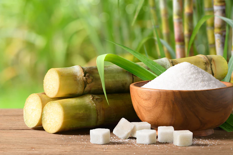 bowl of white refined sugar with sugar cubes, sugar cane crop in background