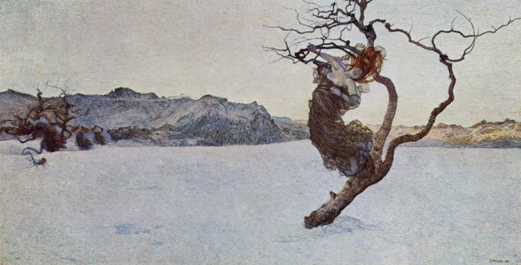 A ghostly landscape with a few barren trees and women growing out of them.