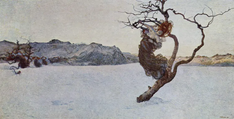 A ghostly landscape with a few barren trees and women growing out of them.