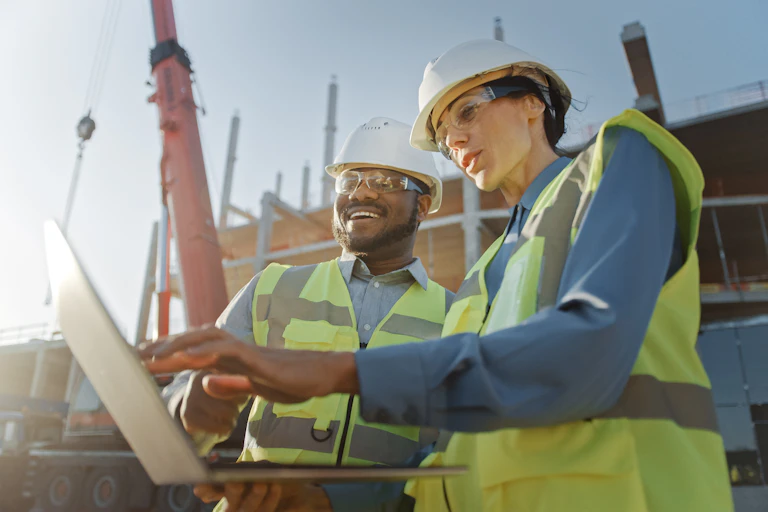 Two construction workers look at a laptop screen on a construction site