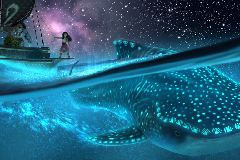 graphic from animalted film MOana 2, girl on boat, whale shark in sea