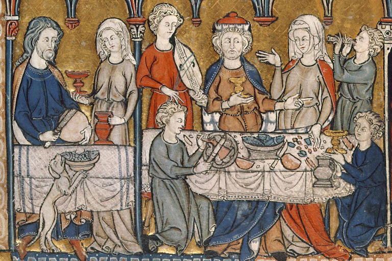 Medieval painting of people feasting