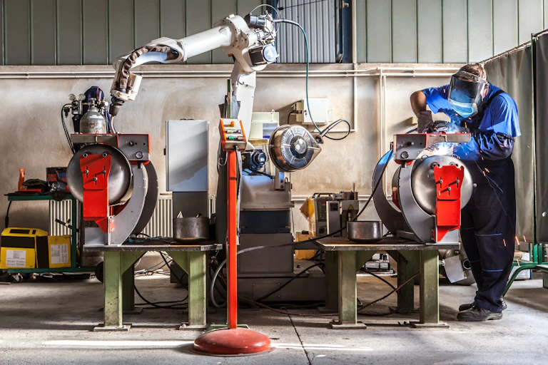 Un robot et une personne travaillent dans un atelier mécanique.