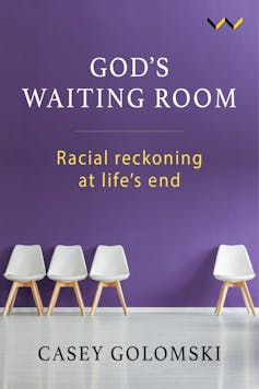 A book cover showing white chairs in a cluster of three and one on its own against a purple wall.