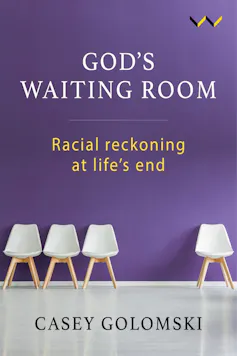 A book cover showing white chairs in a cluster of three and one on its own against a purple wall.