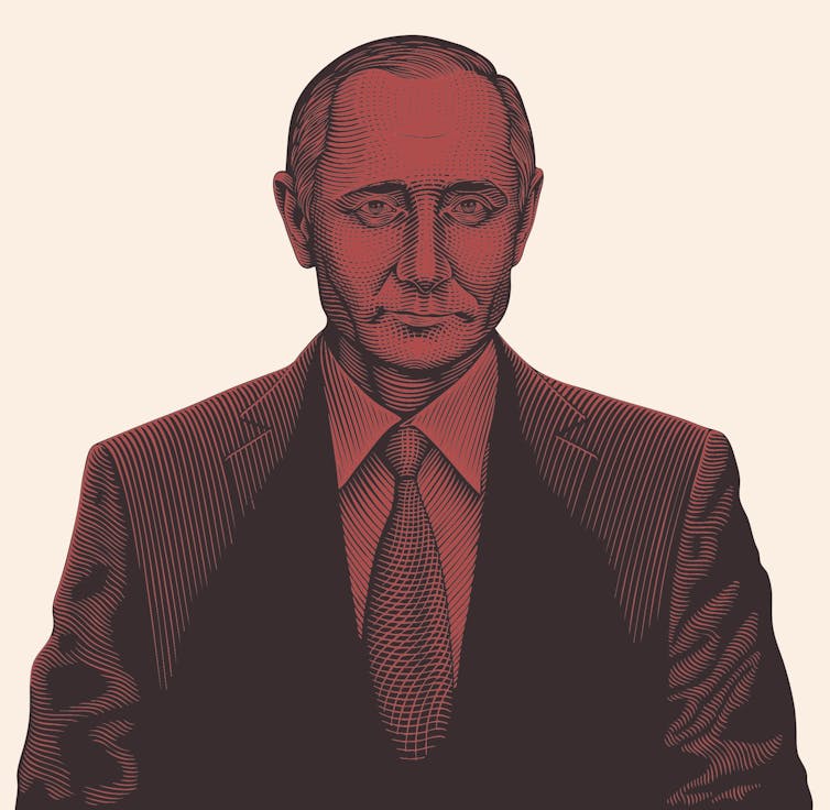 A red hand-drawn image of Vladimir Putin.