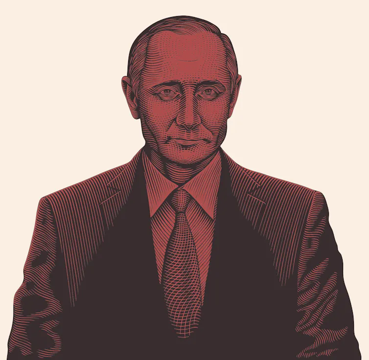 A red hand-drawn image of Vladimir Putin.