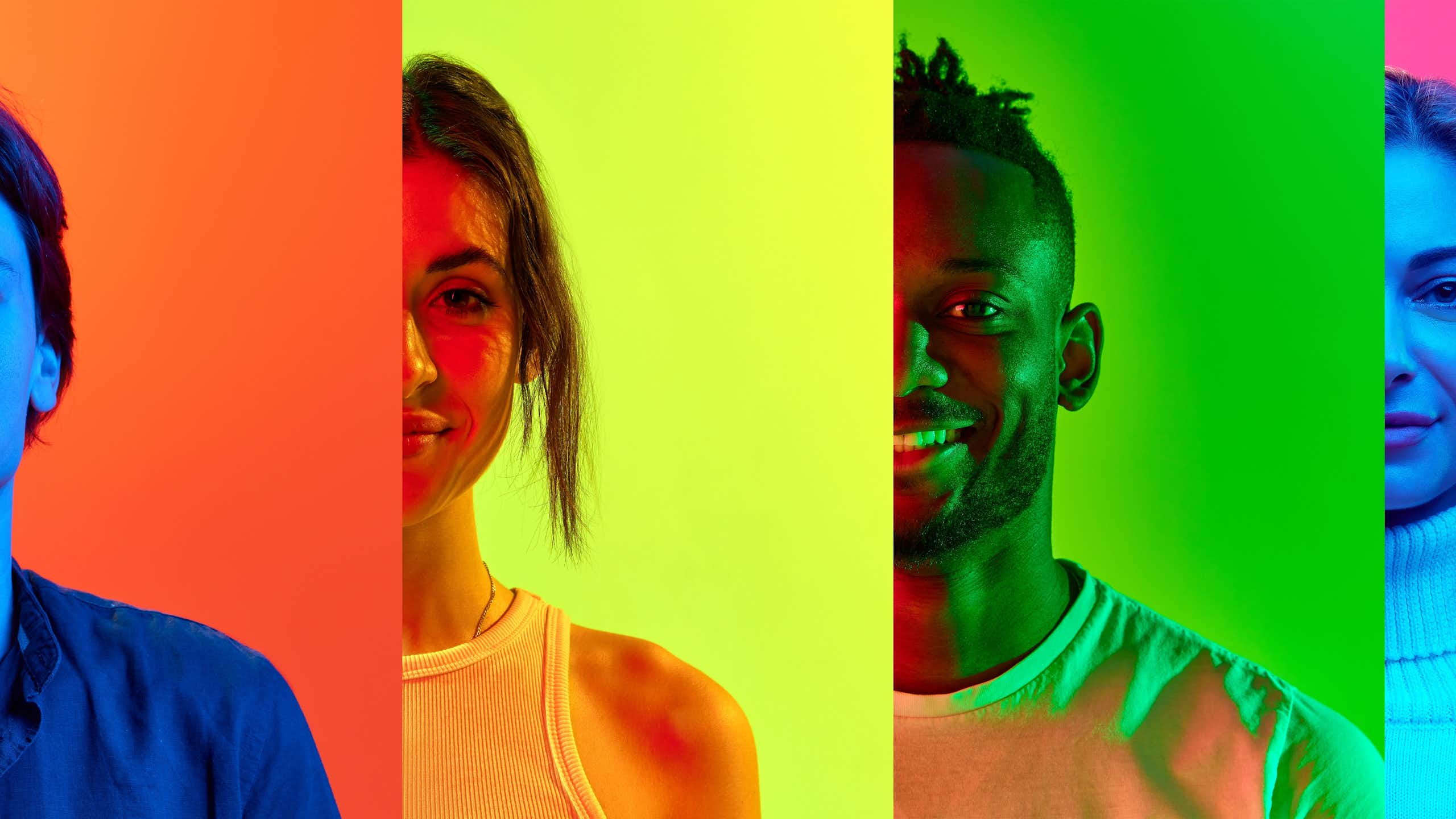 A row of people against multicoloured backgrounds