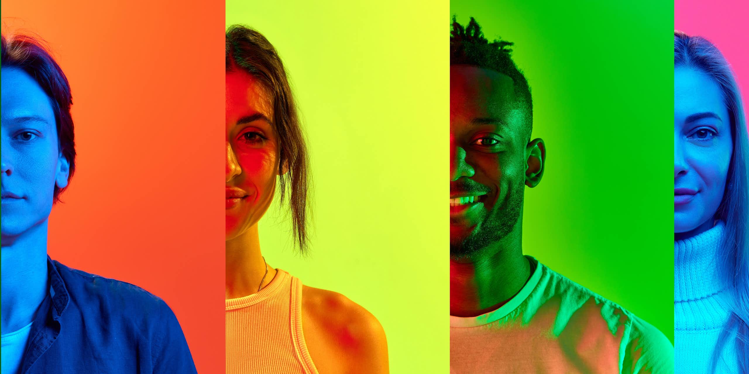 A row of people against multicoloured backgrounds