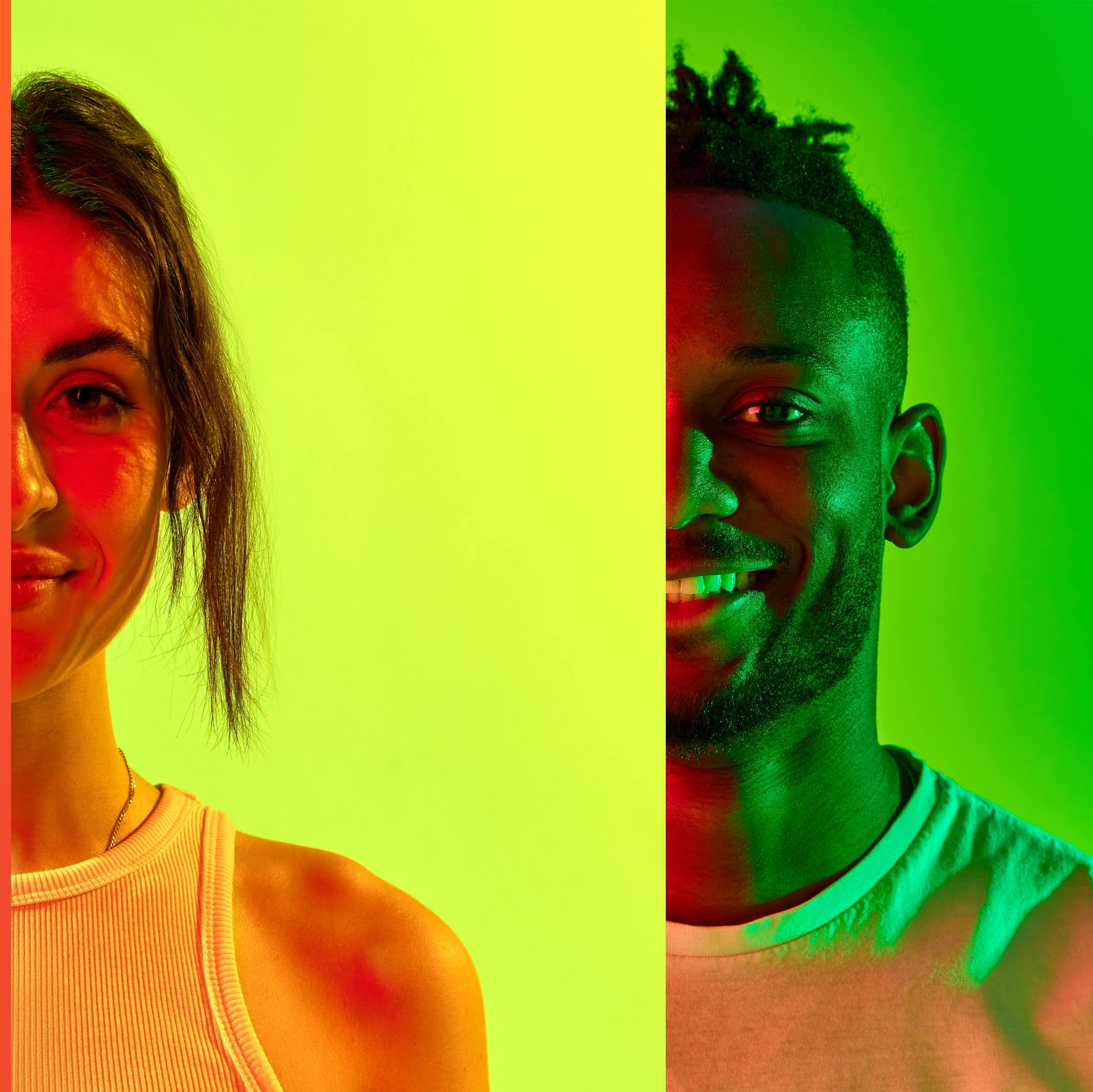 A row of people against multicoloured backgrounds