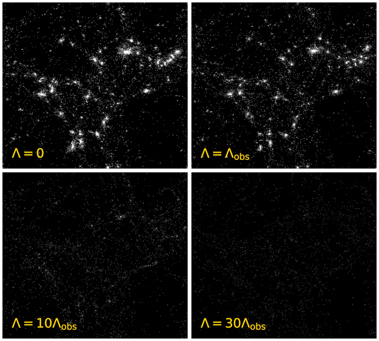 Number of stars (white) produced in universes with different dark energy densities.