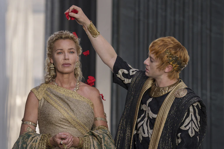 This image released by Parm,ount Pictures shows Connie Nielsen, left, and Joseph Quinn in a scene from Gladiator II.