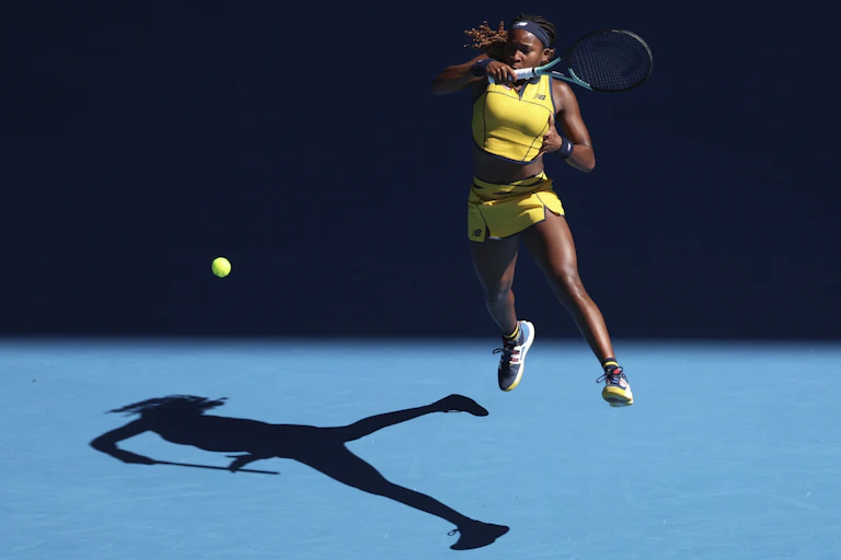 Coco Gauff slams a forehand during the 2024 Australian Open