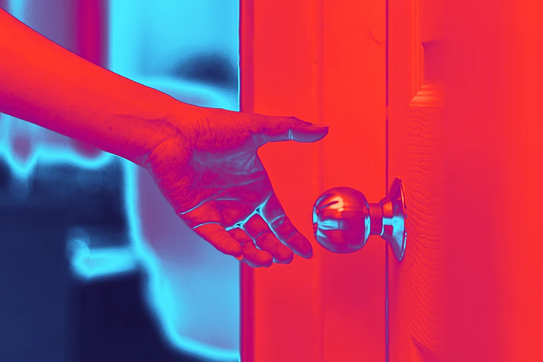 A person's hand reaching for a door handle in red and teal colour filter.