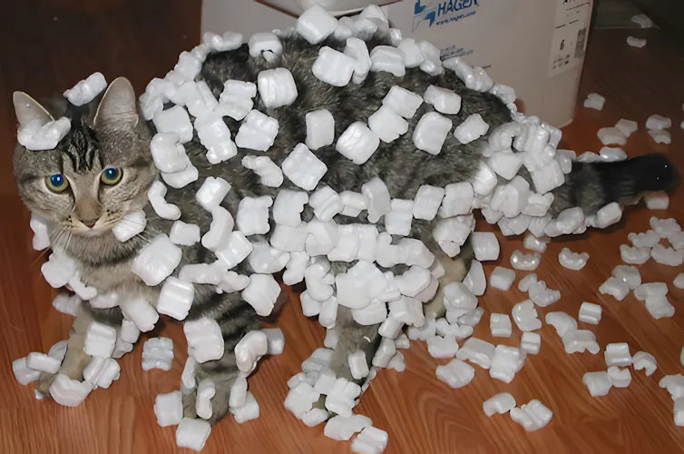 A cat covered in styrofoam peanuts.