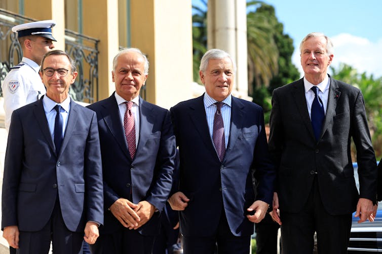 Le ministre français de l’Intérieur Bruno Retailleau, le ministre italien de l’Intérieur Matteo Piantedosi, le vice-premier ministre et ministre des affaires étrangères italien Antonio Tajani et le premier ministre français Michel Barnier