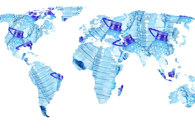 world map made of blue plastic bottles, white background