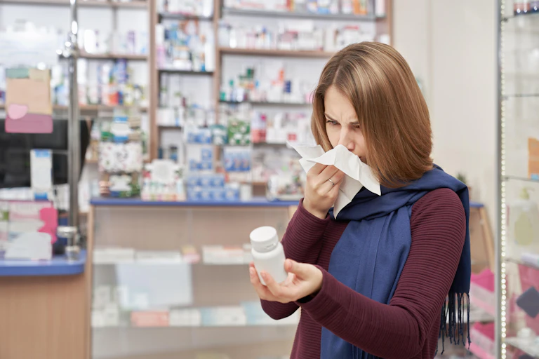 Woman blowing her nose in a pharmacy while inspecting a bottle of medicine.
