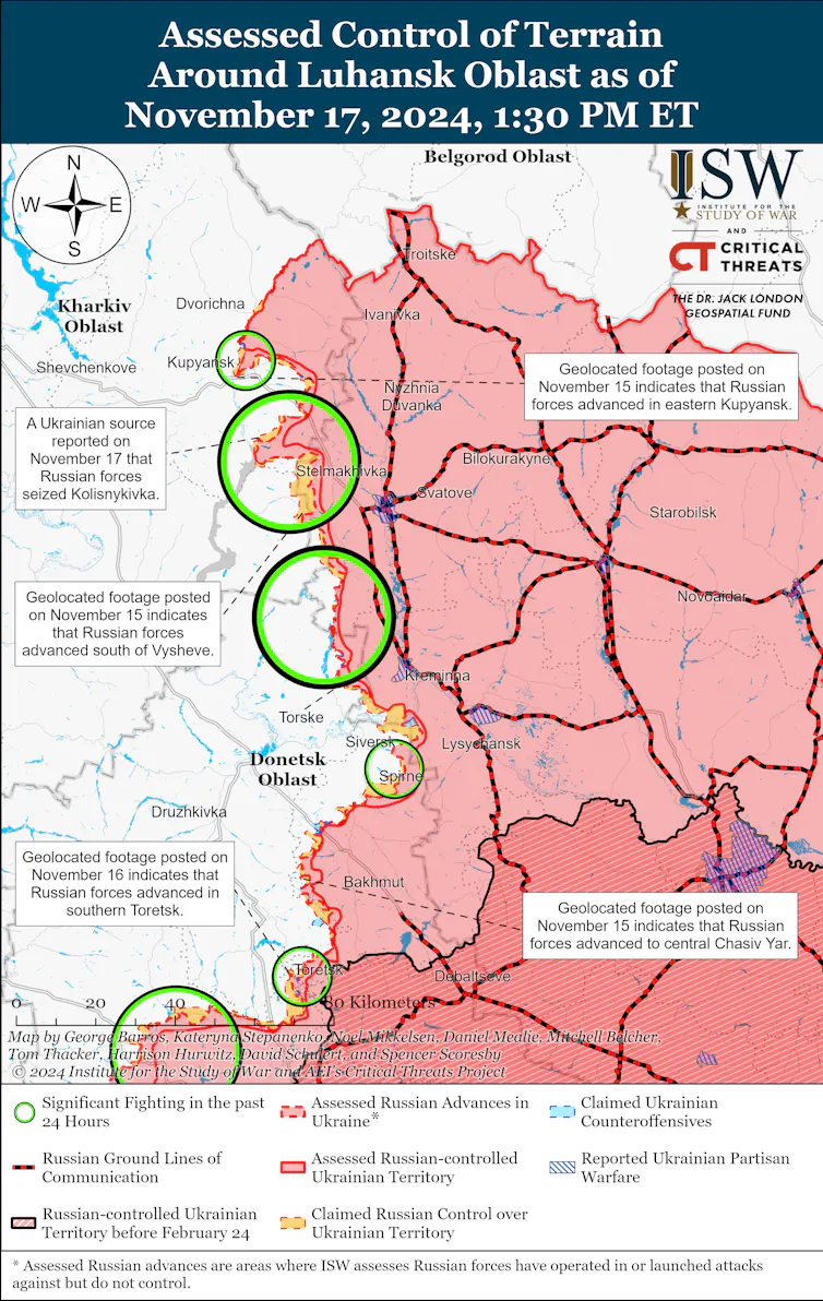A map showing Russian advances in eastern Ukraine.