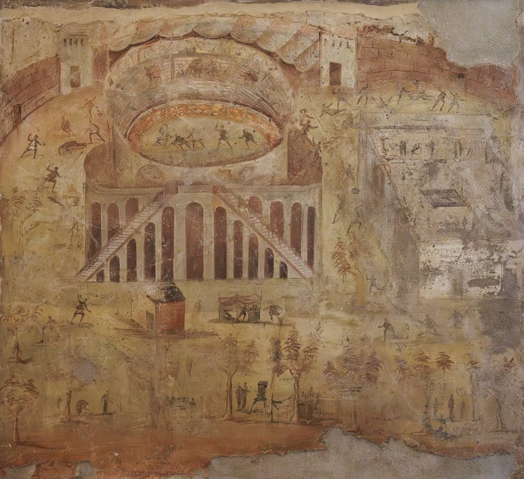 A fresco depicting the AD59 riot between Pompeiians and Nucerians in the Pompeii amphitheater.