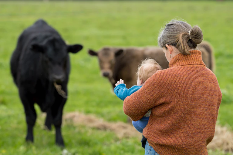 mother holding a baby in front of two cows