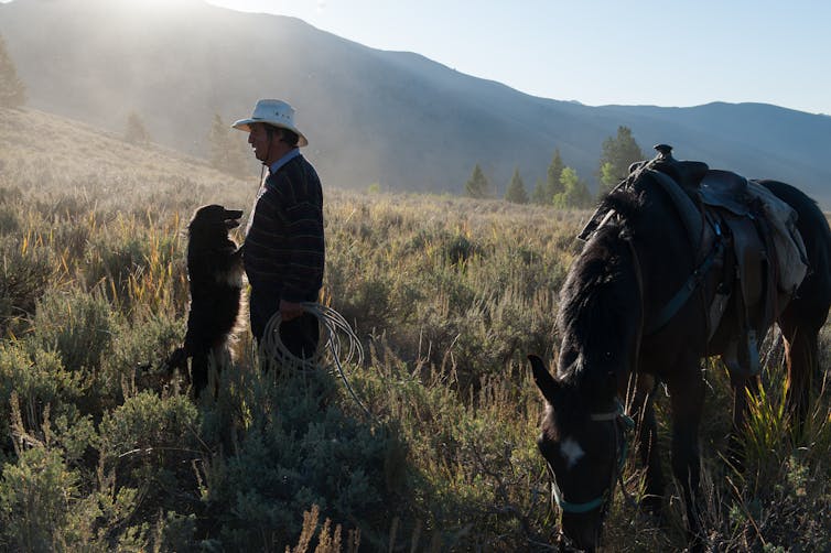 A man stands with his dog and horse on hilly grasslands in Idaho.