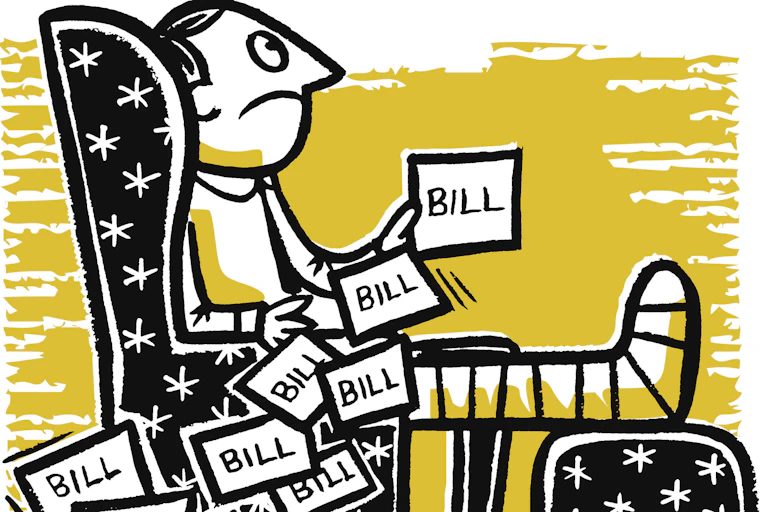 Illustration of frowning person sitting in chair with broken leg and a pile of bills spilling over their lap to the ground