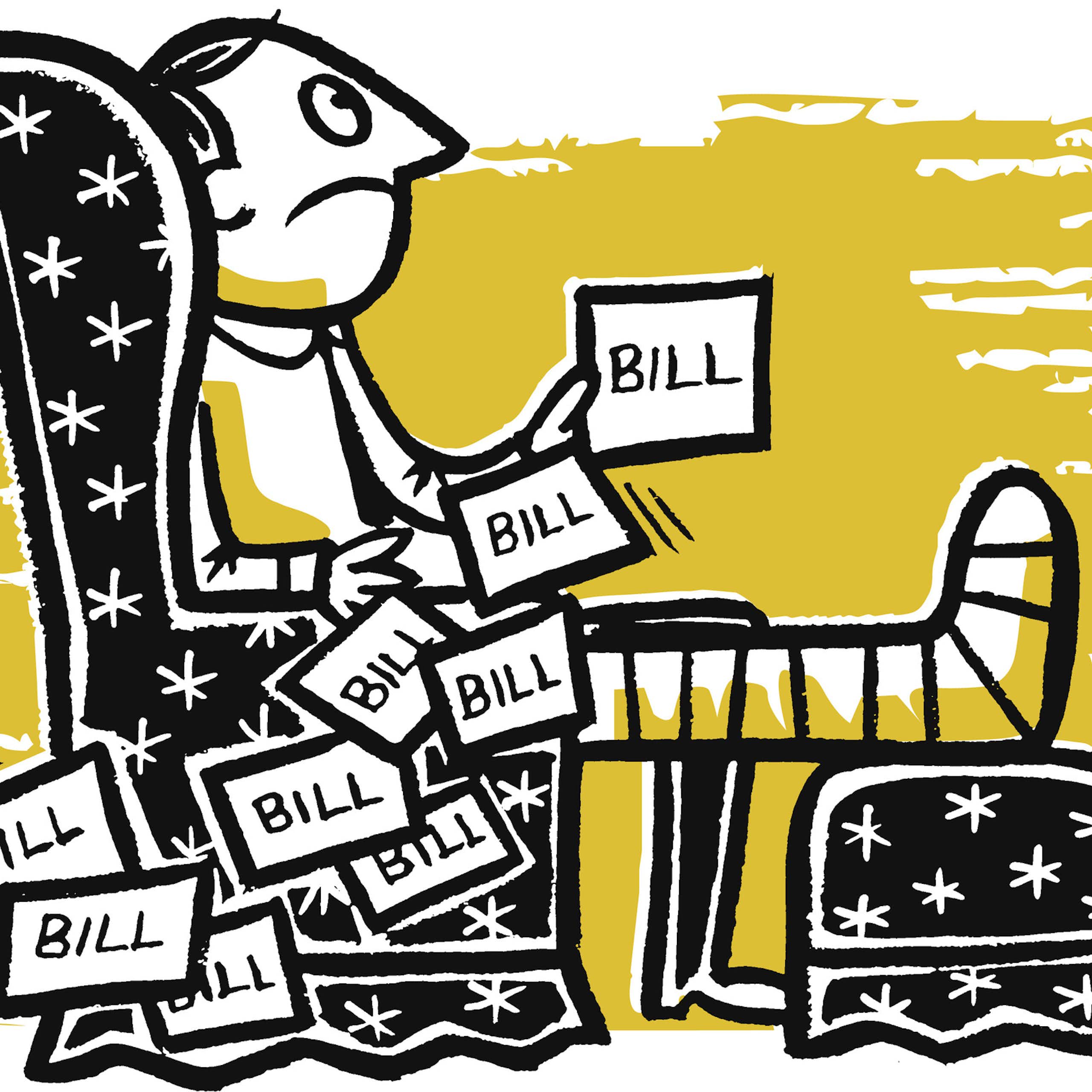Illustration of frowning person sitting in chair with broken leg and a pile of bills spilling over their lap to the ground