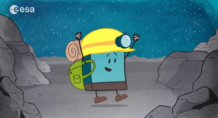 A blue square cartoon character with a yellow helmet