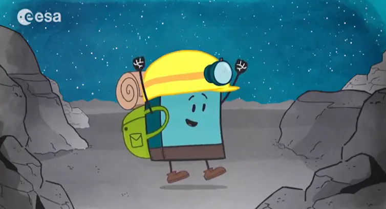 A blue square cartoon character with a yellow helmet