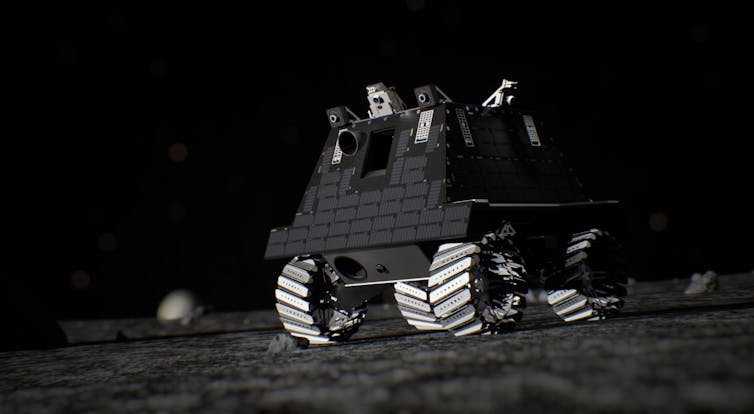 A dark photo shows a space vehicle on a desolate surface.