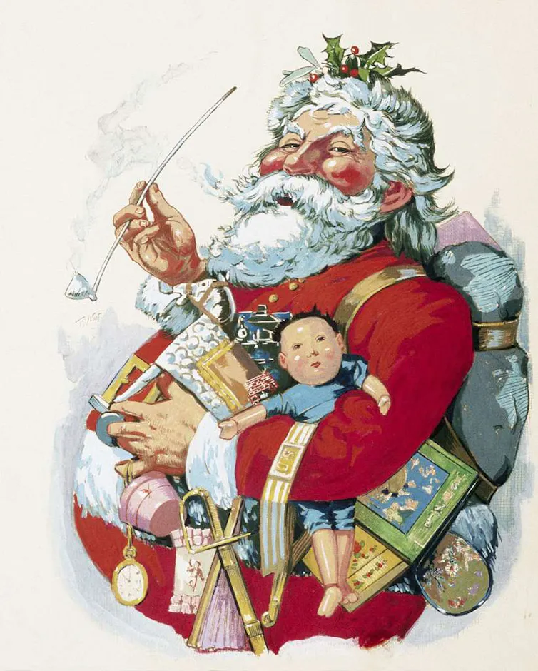 A very jolly Santa holding gifts.