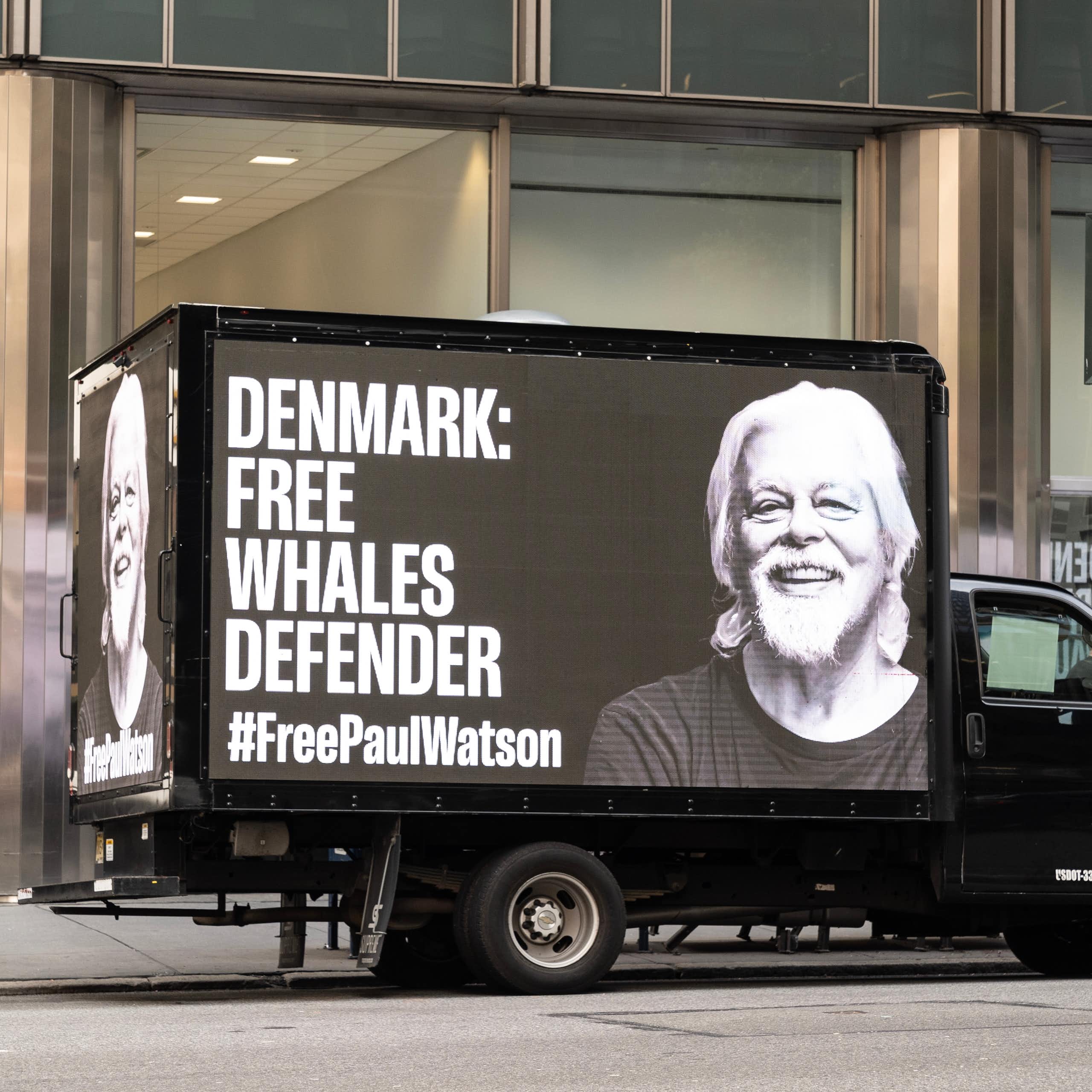 A truck displays a banner calling for Denmark to free the activist Paul Watson.