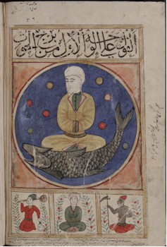 Manuscript showing a man sat cross legged
