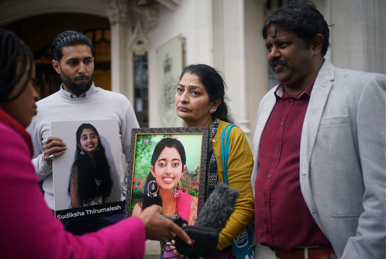 the family of Sudiksha Thirumalesh, speaking to media outside the Supreme Court in London.