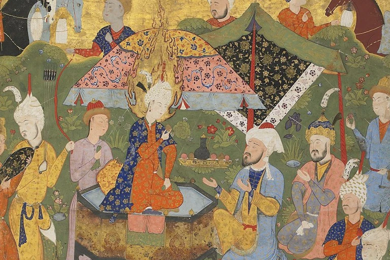 Illustration of many men consulting an oracle