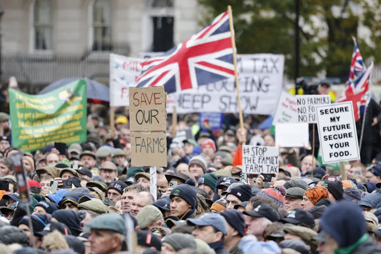 A crowd waving flags and holding placards, one reading 'save our farms'.