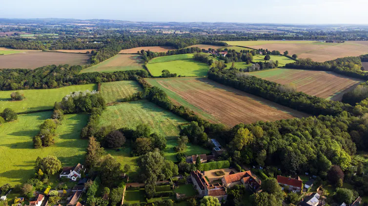 An aerial view of farmland.