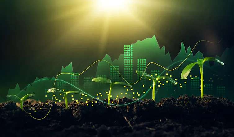 Graphic of growing seedling with financial chart backdrop.