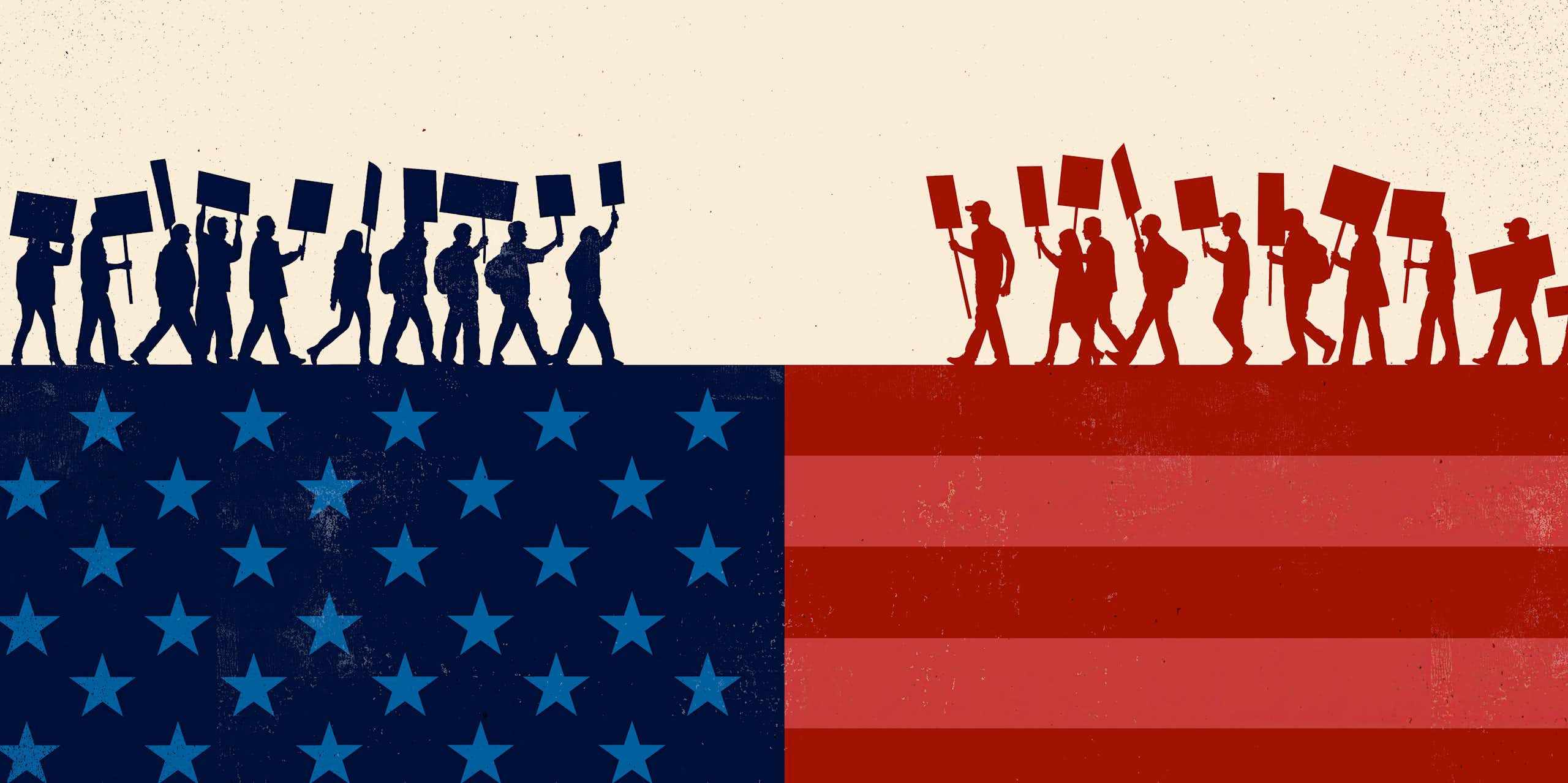 A graphic shows people in blue walking and holding signs on top of an American flag, facing people who are red and also walking holding signs on another part of the flag.