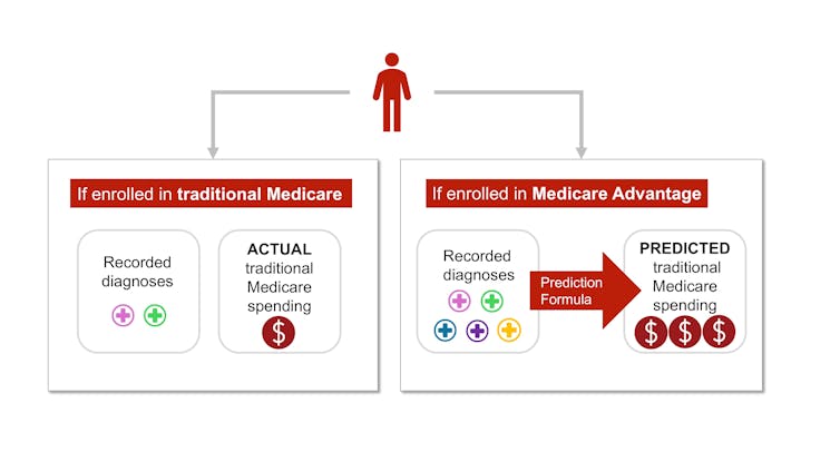 Human figure with arrows to two boxes. Left box has two plus symbols labelled recorded diagnoses and one dollar sign. Right box has five symbols and three dollar signs.