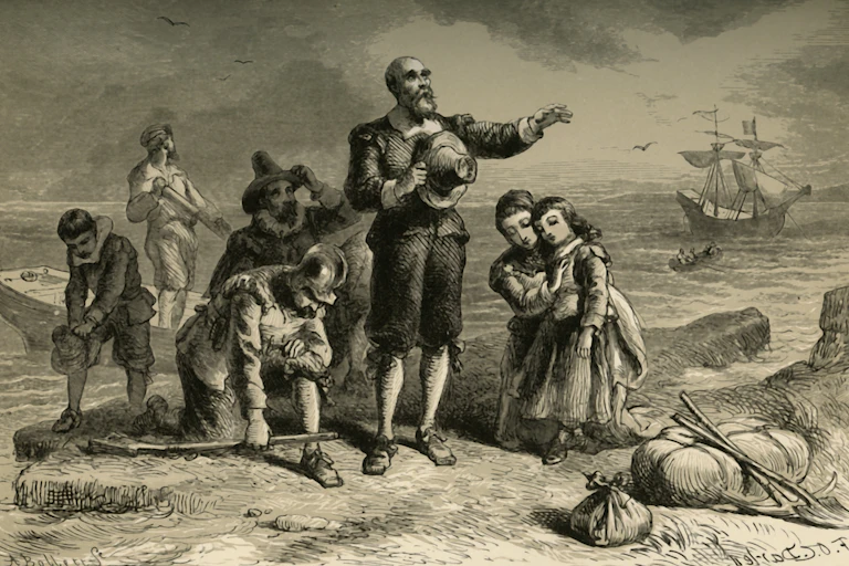 A sketch showing men, women and children on the coast, with a ship in the background.