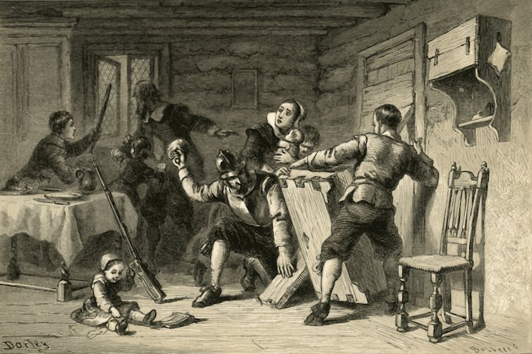 A sketch illustrating a few men and women in a room which has a chair and a table. One man is trying to put up a barricade and another is pointing a stick threateningly.