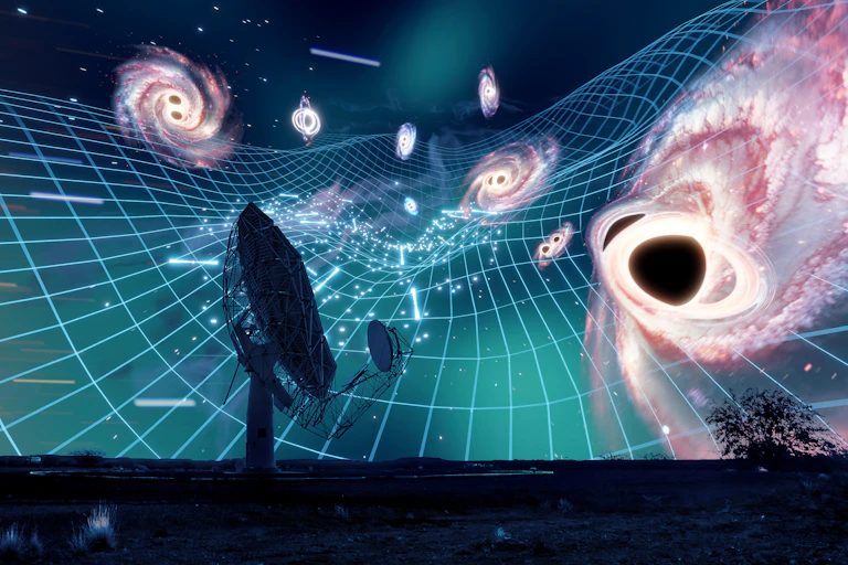 Illustration showing a radio telescope, galaxies and black holes against a background of warped spacetime.