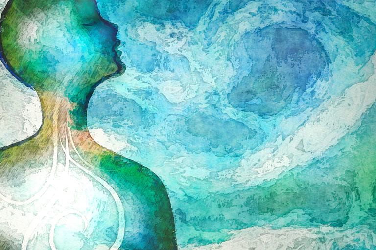 Illustration of a human figure with open mouth, and swirling patterns suggesting movement of air