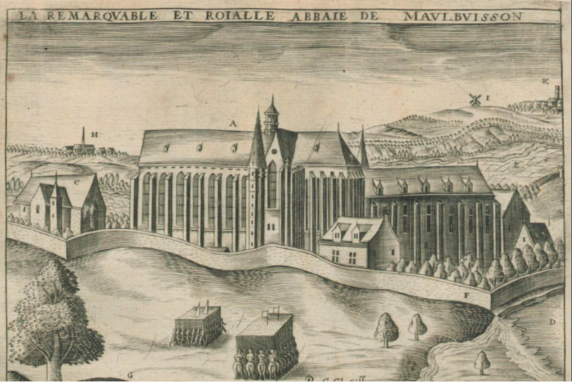 Dibujo en carboncillo de una abadía medieval.