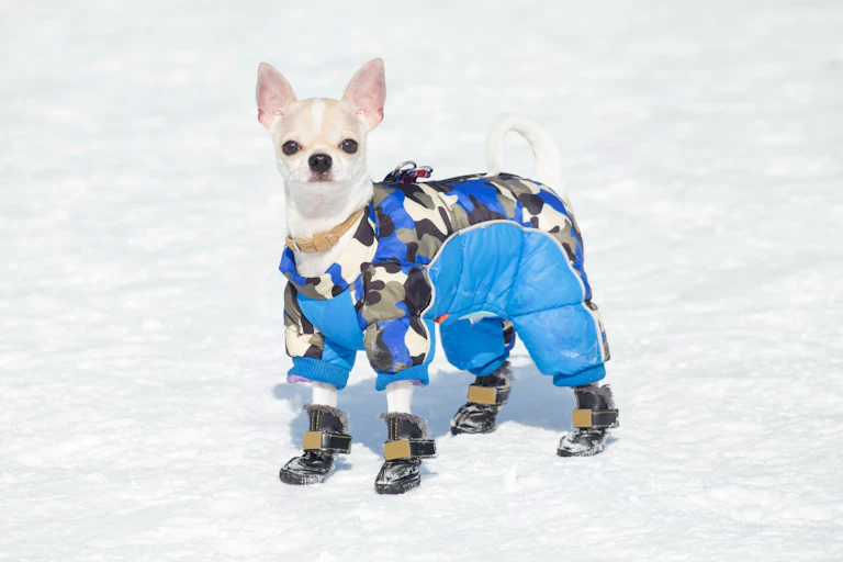 Short haired chihuahua in coat and boots standing in snow